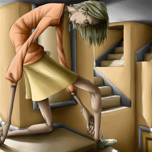 An illustration of a woman in a confusing environment full of stairs, called Steps by the digital artist Bin.