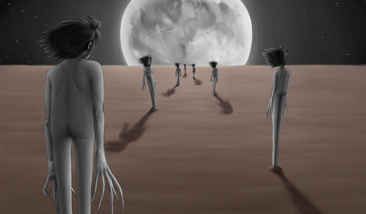 Illustration by the digital artist Bin, showing strange figures looking at the full moon.