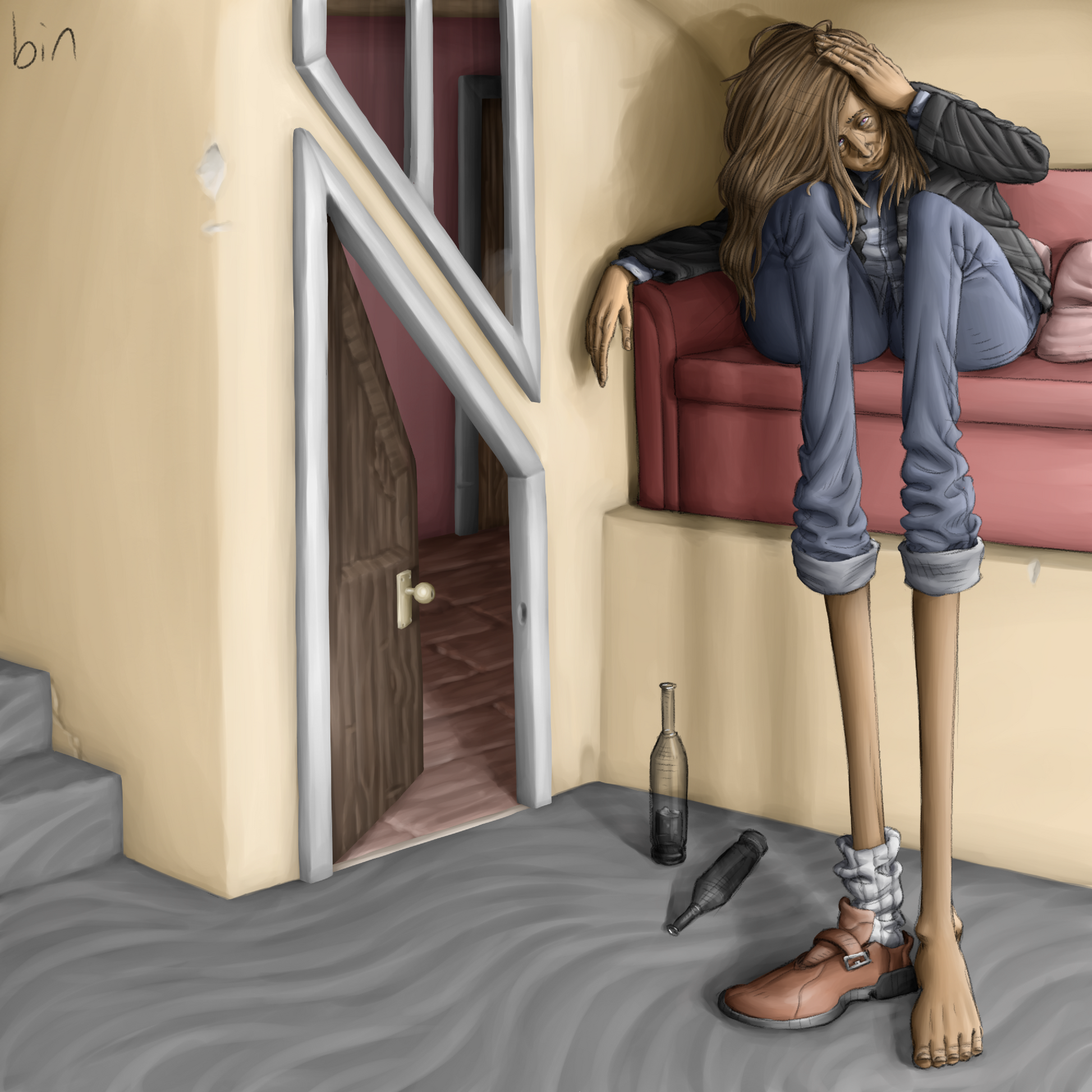 Illustration called Stilts by the digital artist Bin, showing a man with long legs struggling not to hit his head on the ceiling.