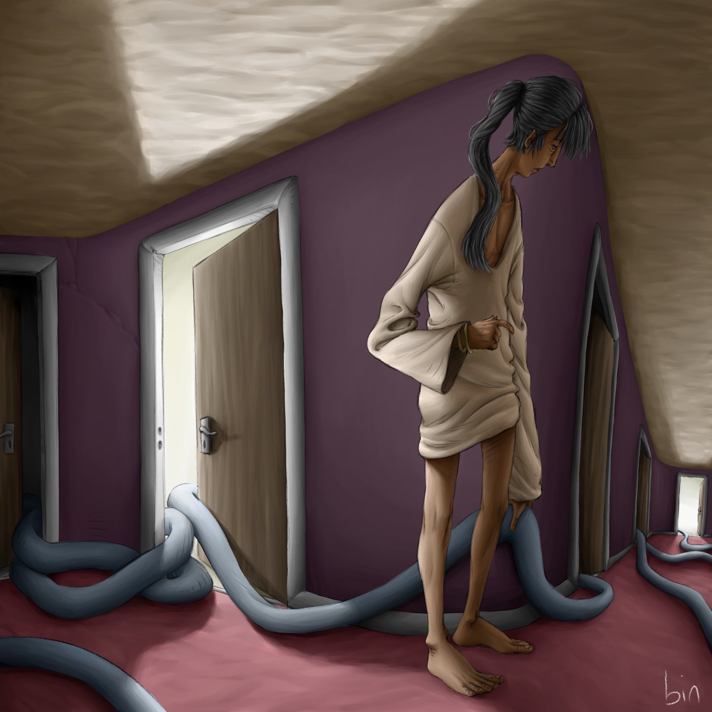 Illustration of a woman in a hallway studying strange pipes, called Hallway, by the digital artist Bin.