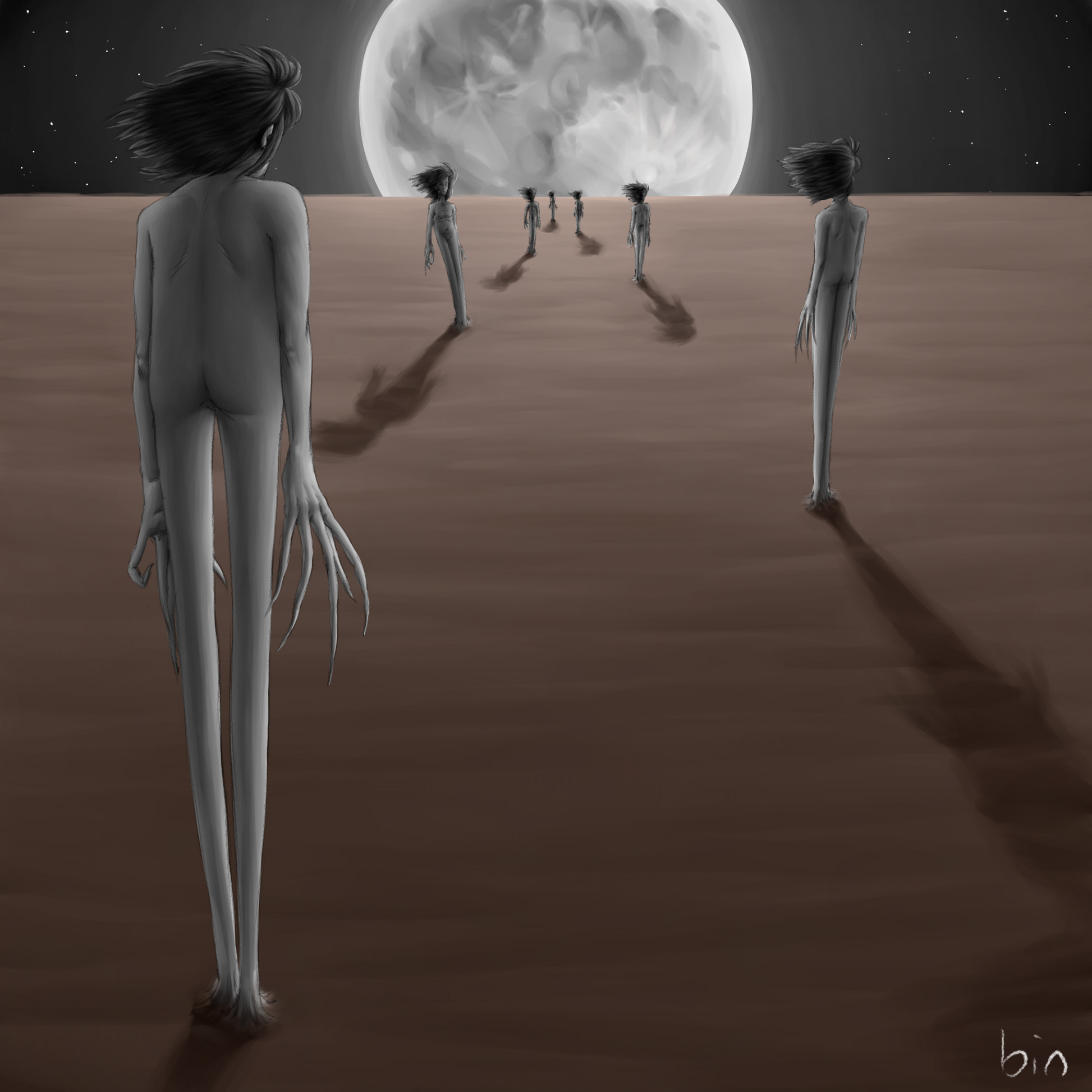 Digital illustration called Weeds by the artist Bin, showing strange figures on a bare landscape staring at the glowing full moon